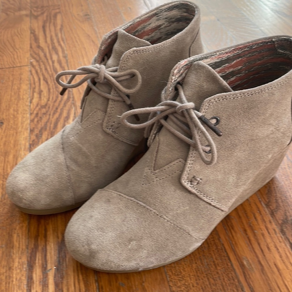 TOMS wedge booties, taupe suede